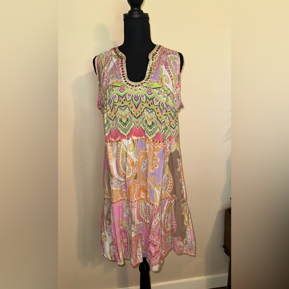 Pink and Green Sleeveless Scoop Neck Sundress